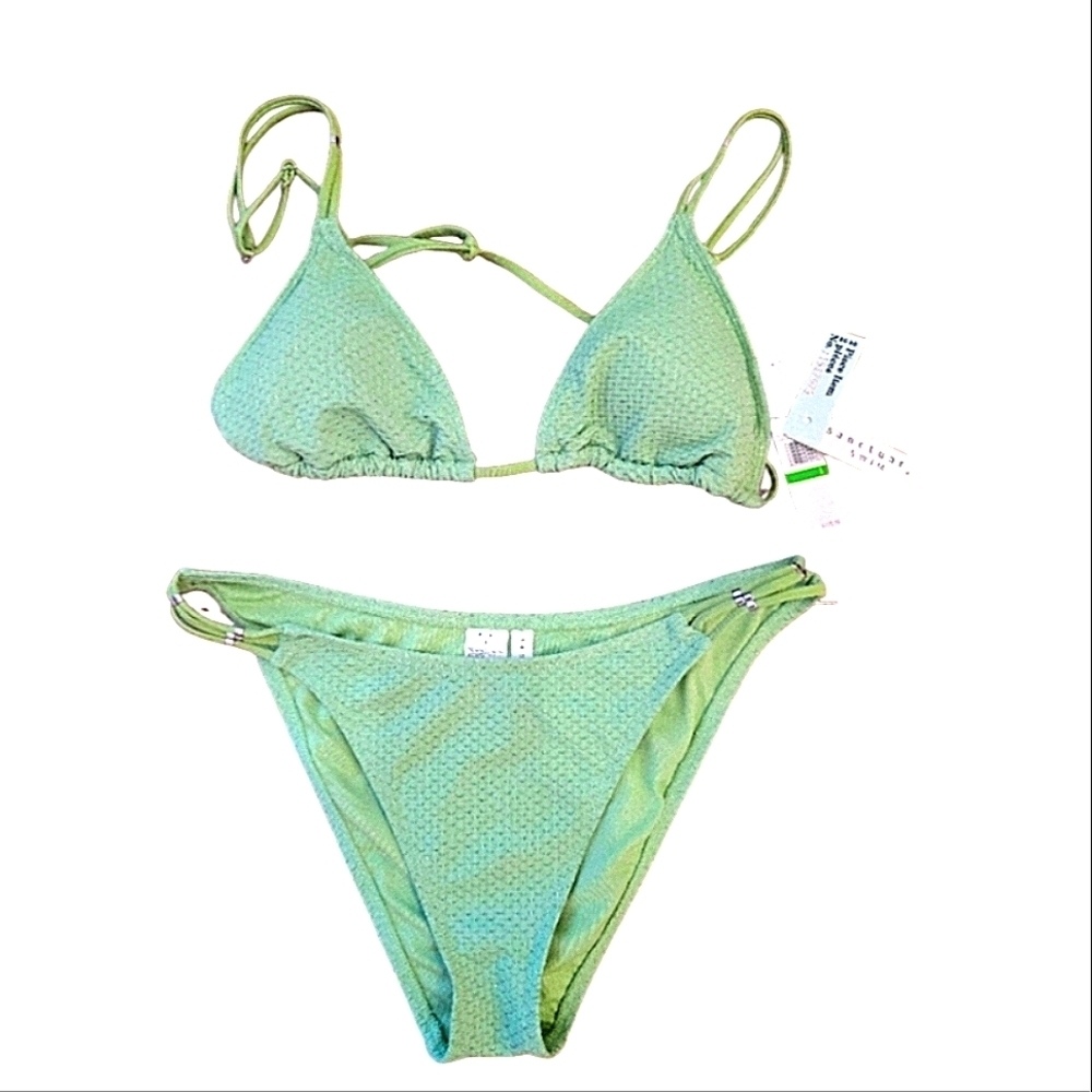 SANCTUARY SWIM Light Pastel Green Bikini Set Silver Sparkle Size L